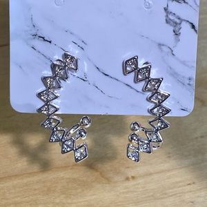 Cuff Earrings Silver Toned w Triangle Rhinestones